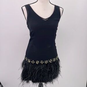 UEC Marciano black sleeveless V-neck a-line mini dress with feather hemline XS
